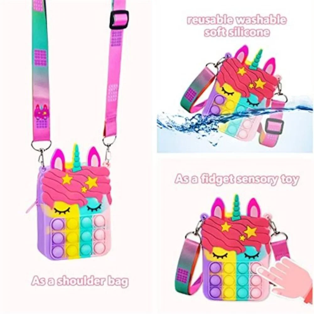 Silicone Unicorn Pop Fidget Shoulder Mini Bag Kids Stress Relief Toy Purse